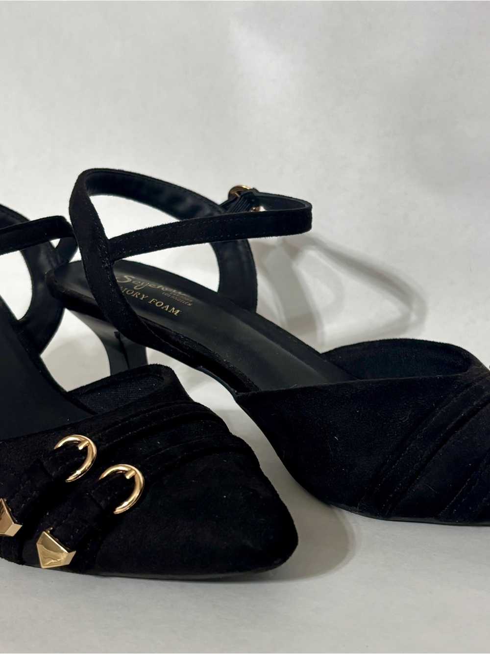 Seychelles Black Suede Ankle-Strap Kitten Heels with Gold Accents